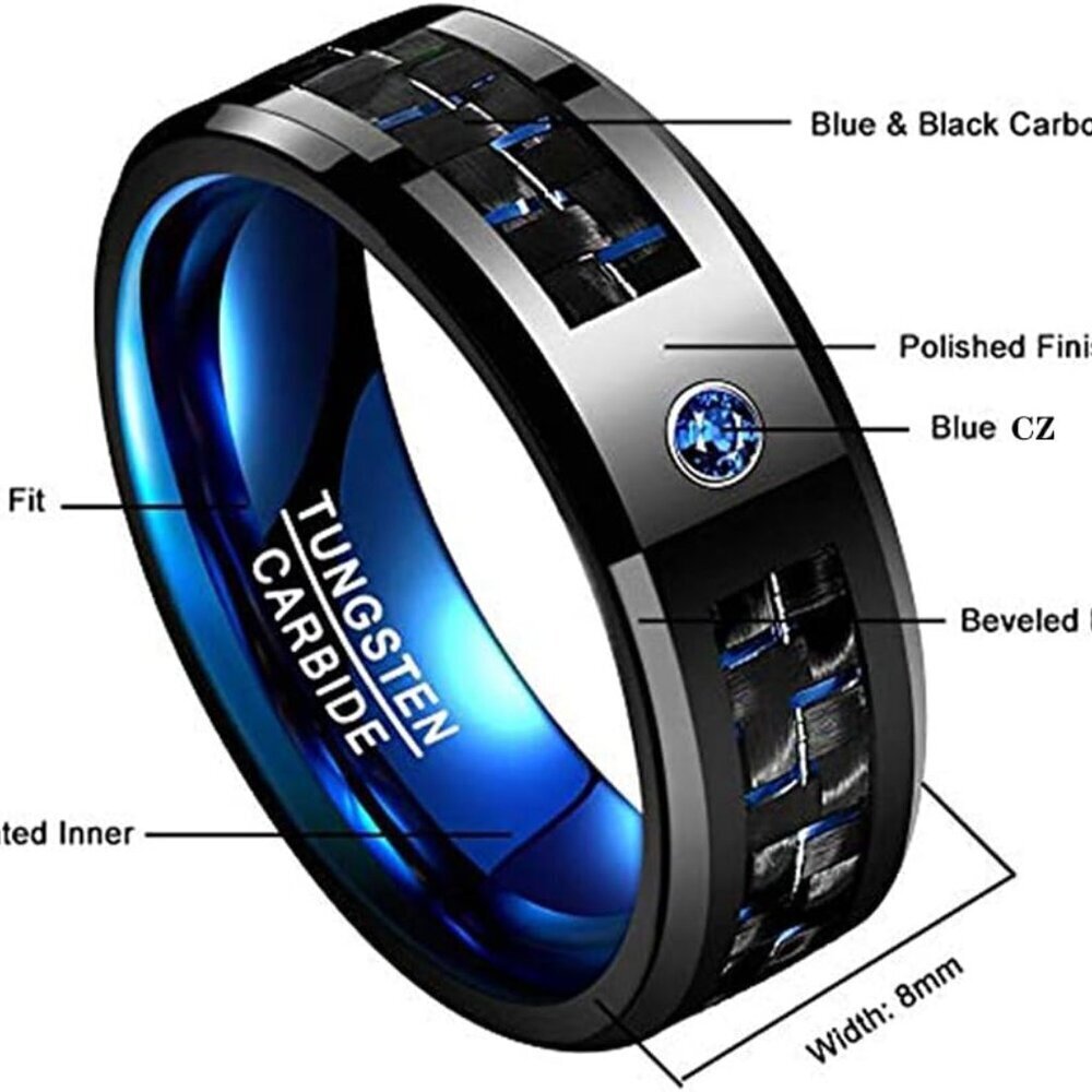 Men's Tungsten Carbide Ring 8mm Black Blue Wedding Band Comfort Fit - Picture 6 of 8